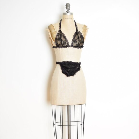 vintage 80s lingerie set sheer black lace bra panties bed jacket XS S - Picture 7 of 9